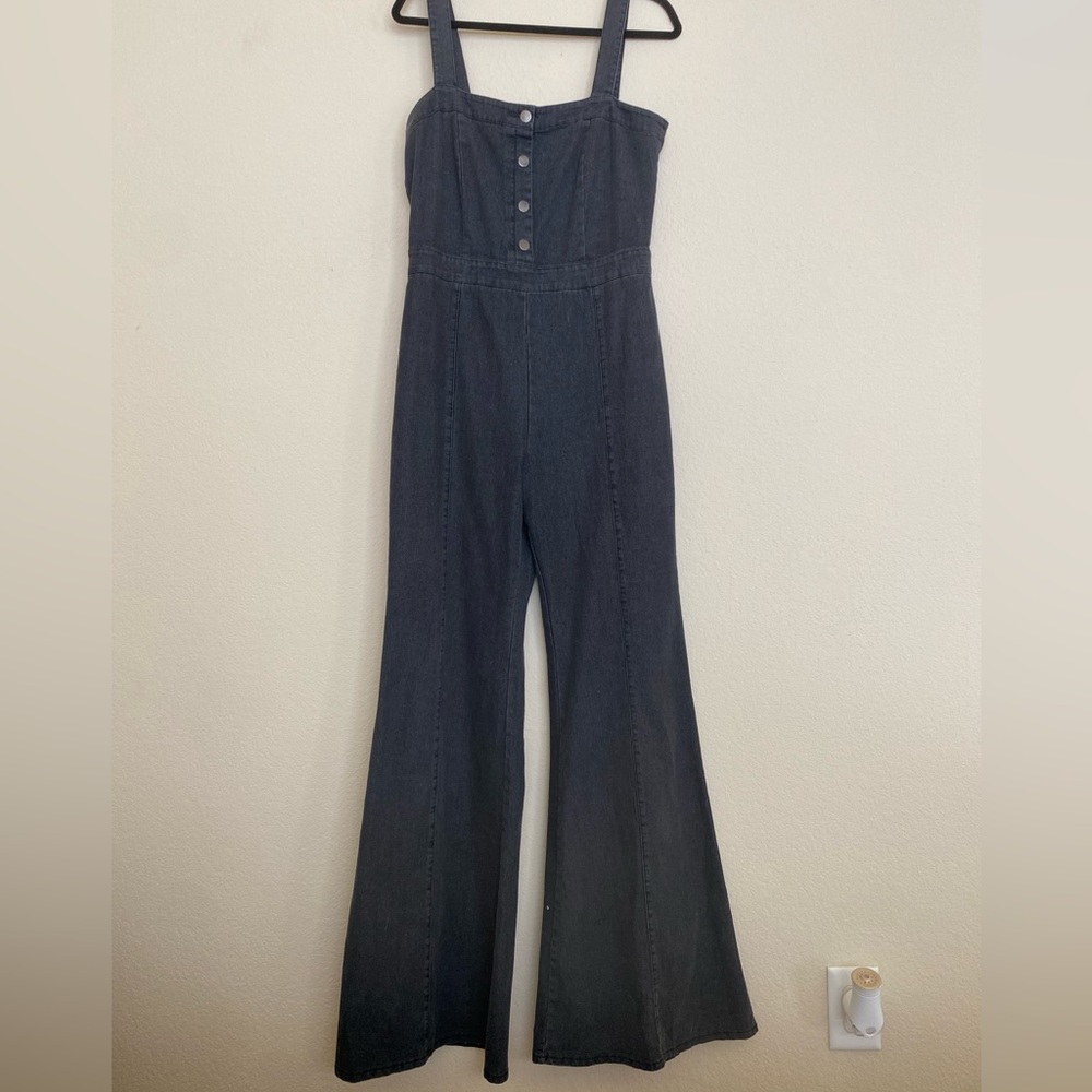 Large black denim jumpsuit w/flare pant
